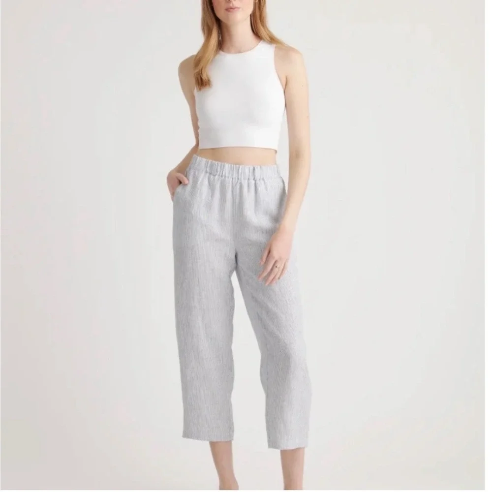 Quince European linen wide leg pants blue pinstripe XL minimalist classic